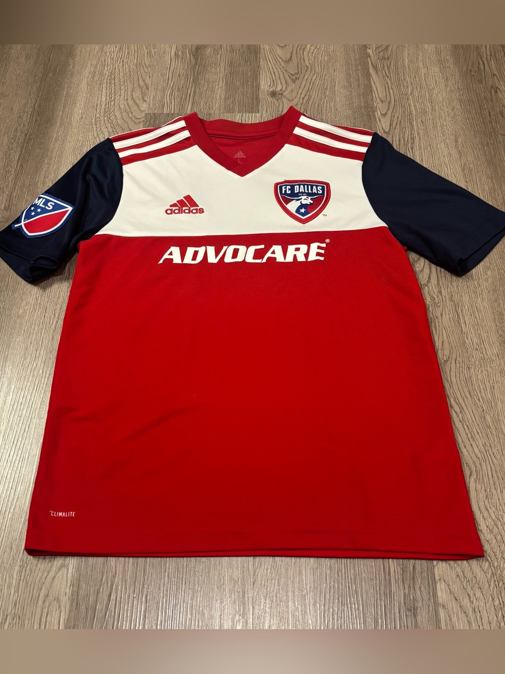 FC Dallas Adidas 2018 MLS Soccer Jersey Advocare Red Blue Size Youth Large
